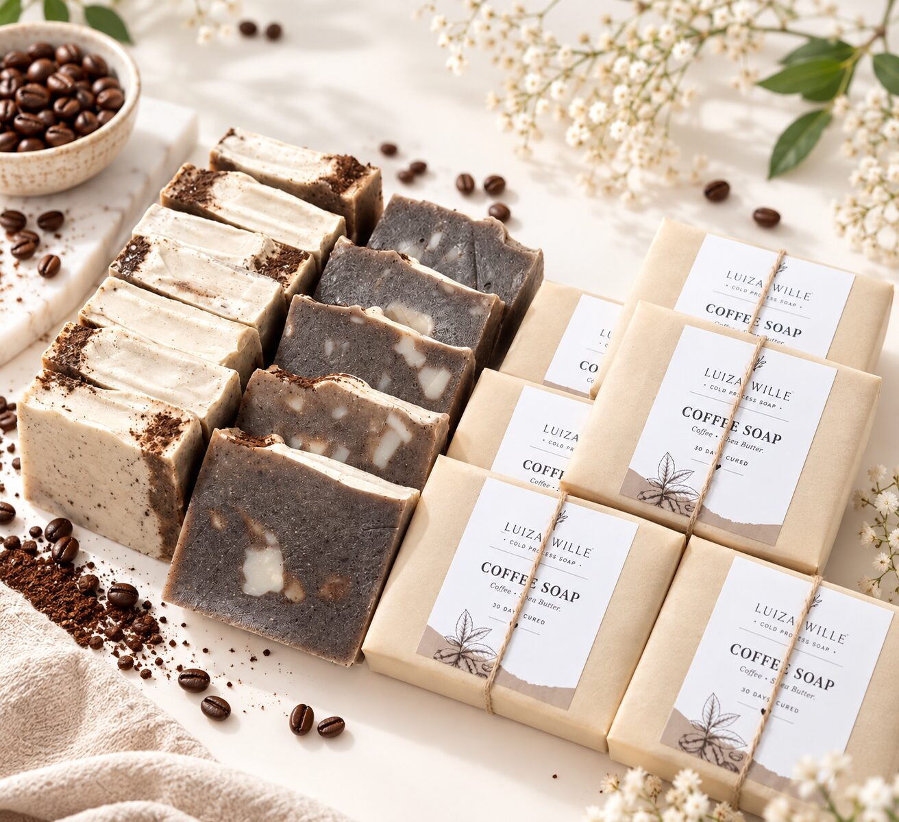 Свежесрезанные кофейные бруски рядом с упакованным Coffee Soap