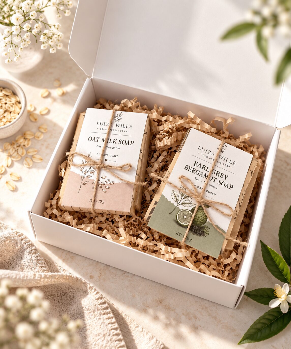 Открытая белая подарочная коробка с Oat Milk Soap и Earl Grey Bergamot Soap