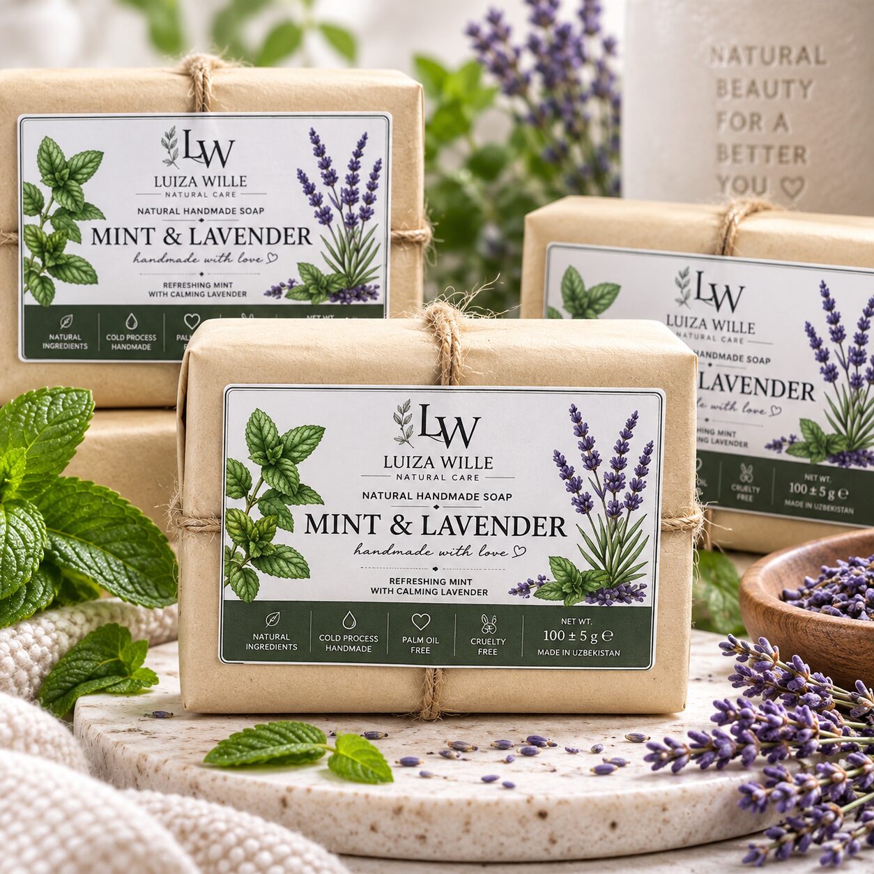 Три бруска Mint & Lavender в крафтовой бумаге, свежая мята и лаванда