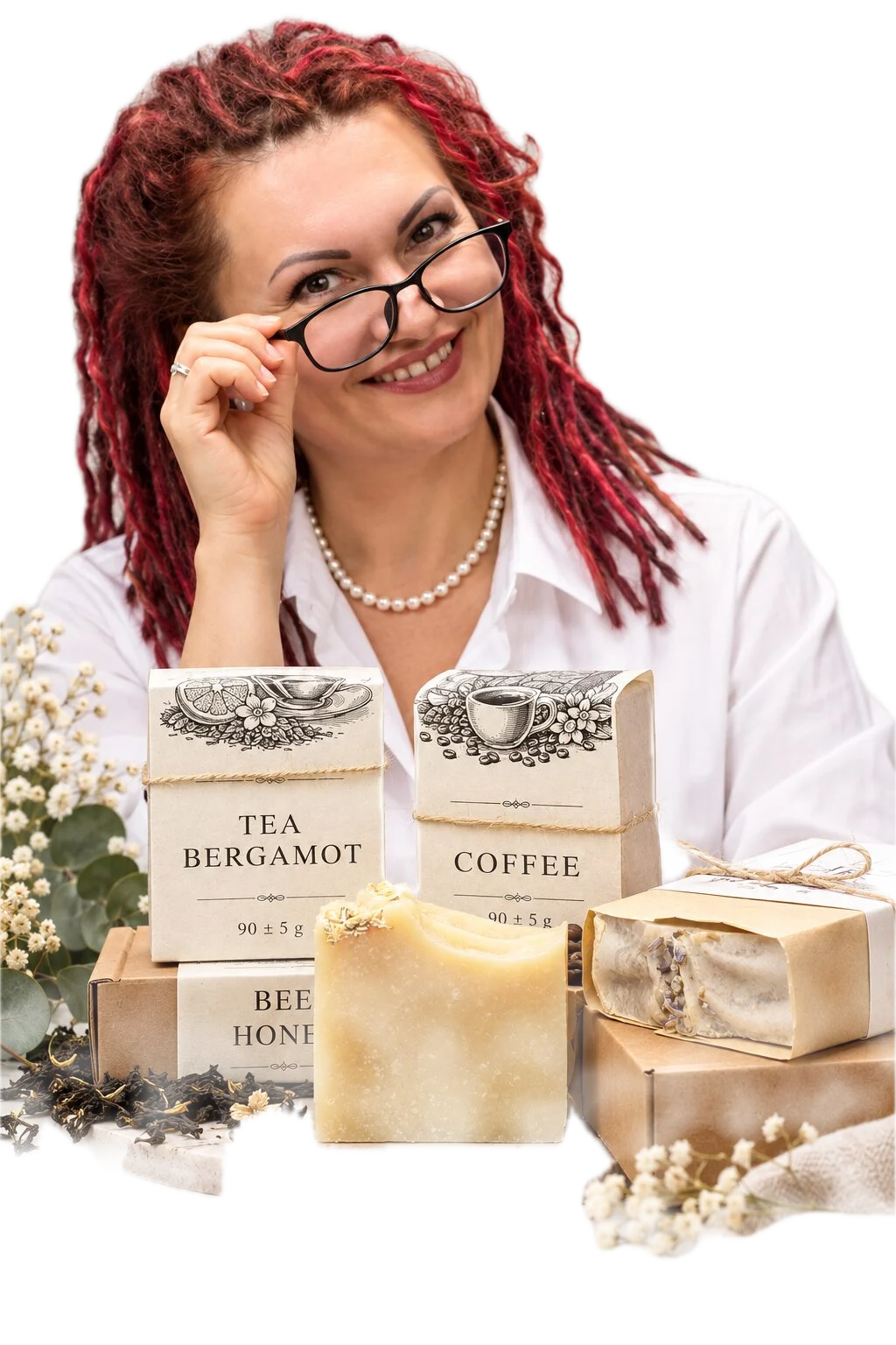 Луиза Вилле, мыловар, с коробками Tea Bergamot, Coffee и Beer & Honey