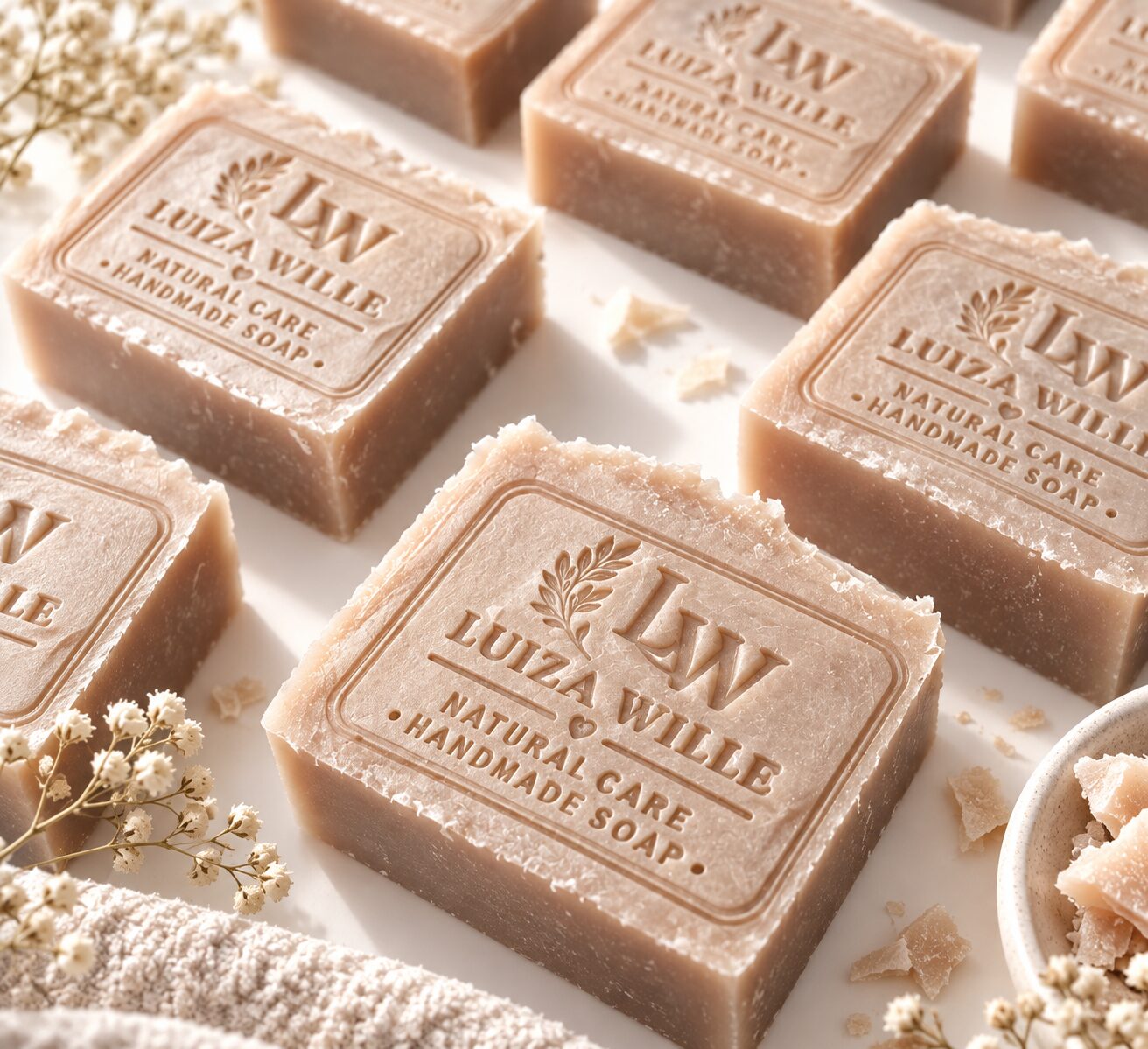 Крупный план бруска с тиснением LW · Luiza Wille · Natural Care · Handmade Soap