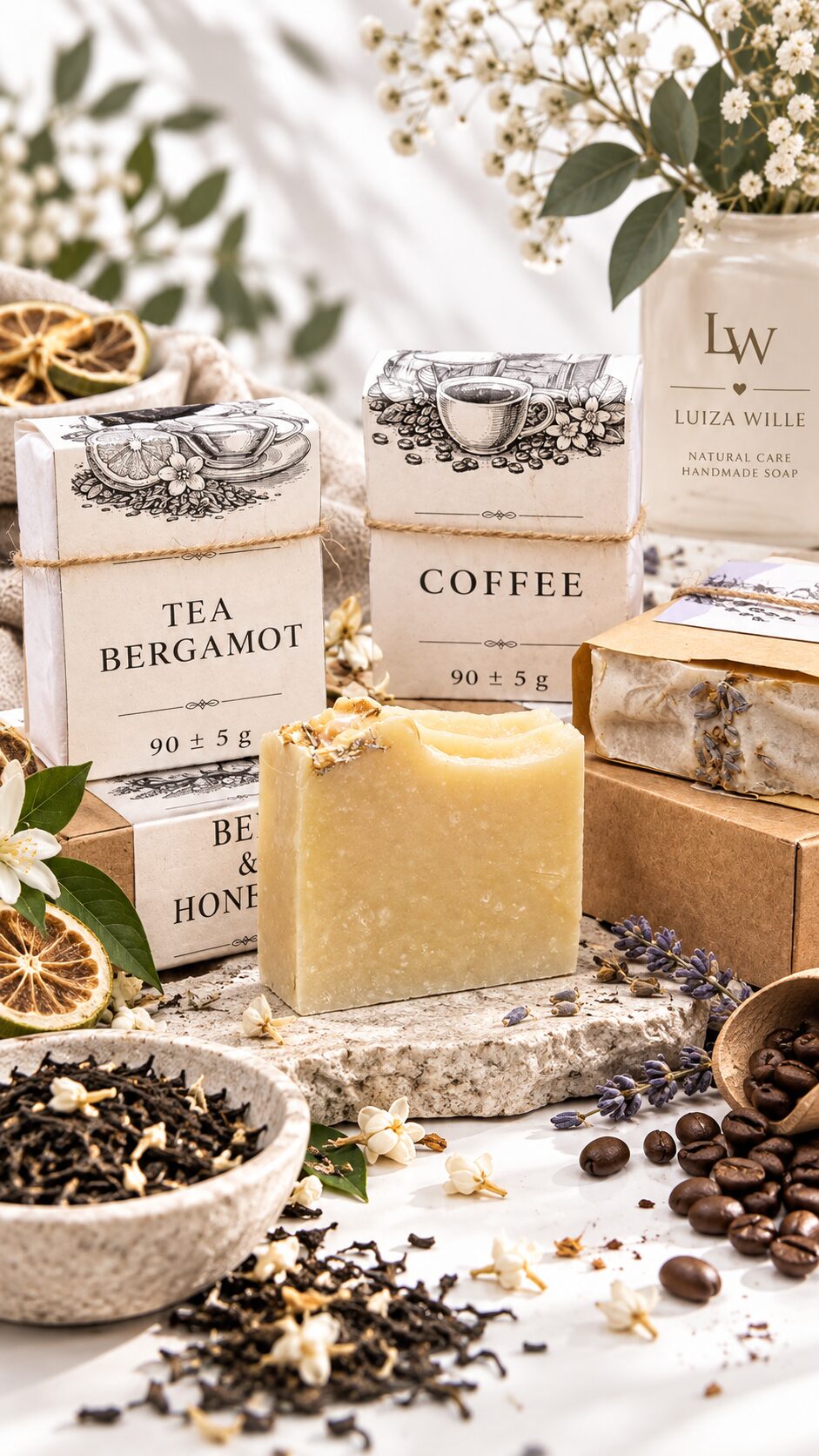 Коробки Tea Bergamot и Coffee, срез бруска, чёрный чай, кофейные зёрна и сушёный лайм